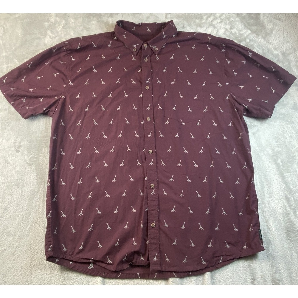Prana Shirt Mens XXL Burgundy Broderick Giraffe Print Button Down Short Sleeve
